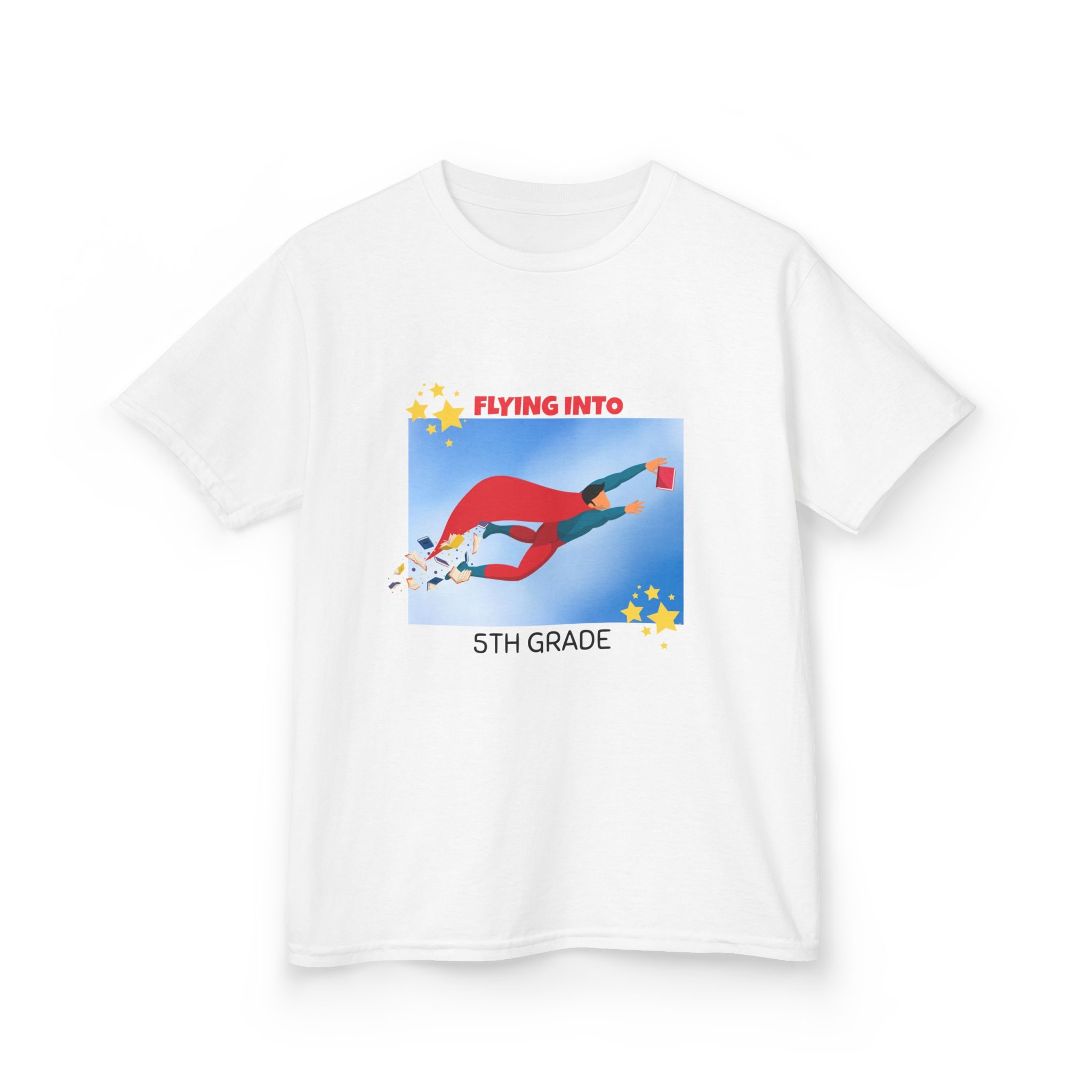 Kids Flying into 5th Grade Tee  Back to School Fun Trendy  Unique Hero Style 
