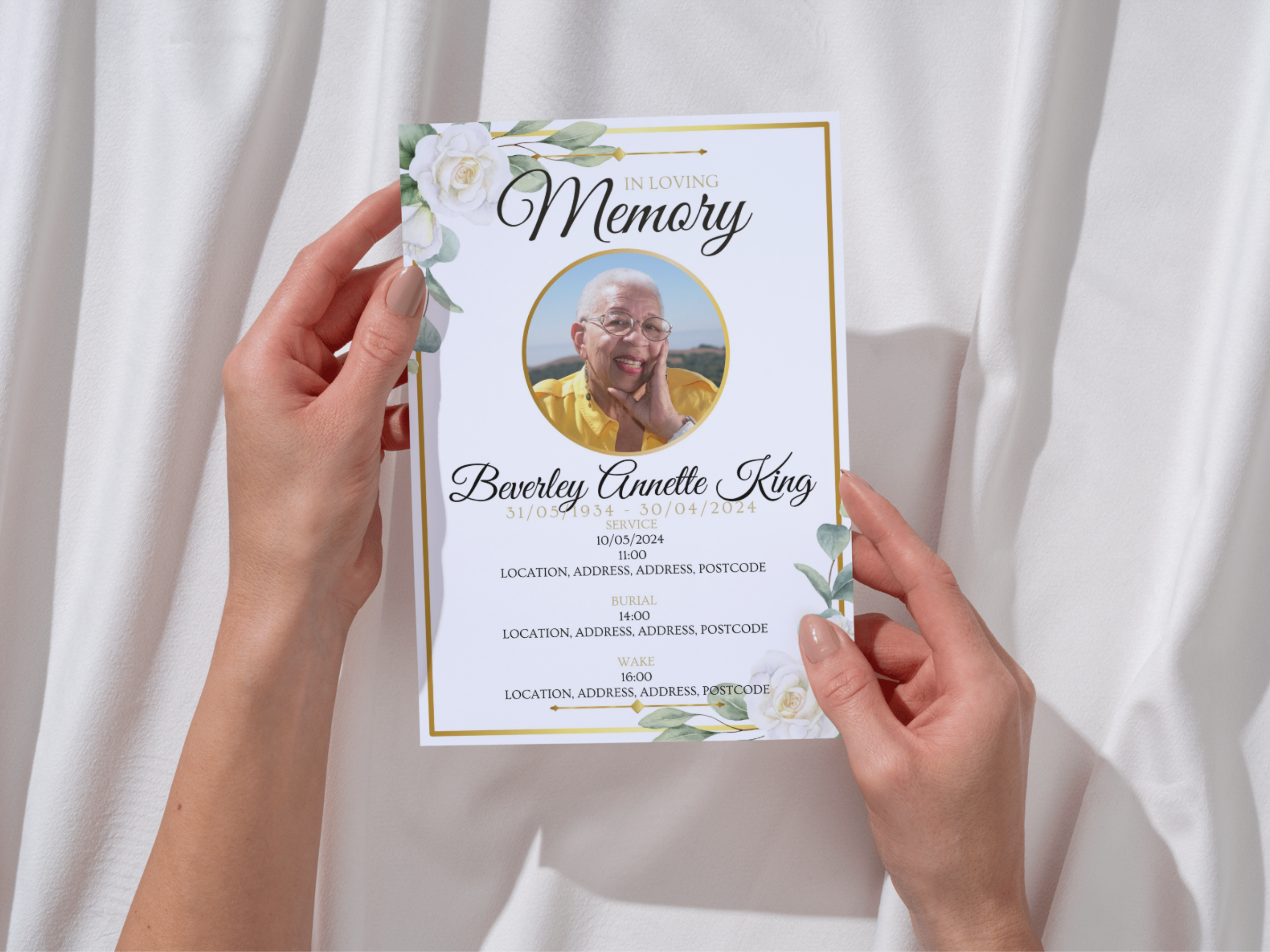 White 4 Page Funeral Order of Service Programme, Floral A5 Booklet Template