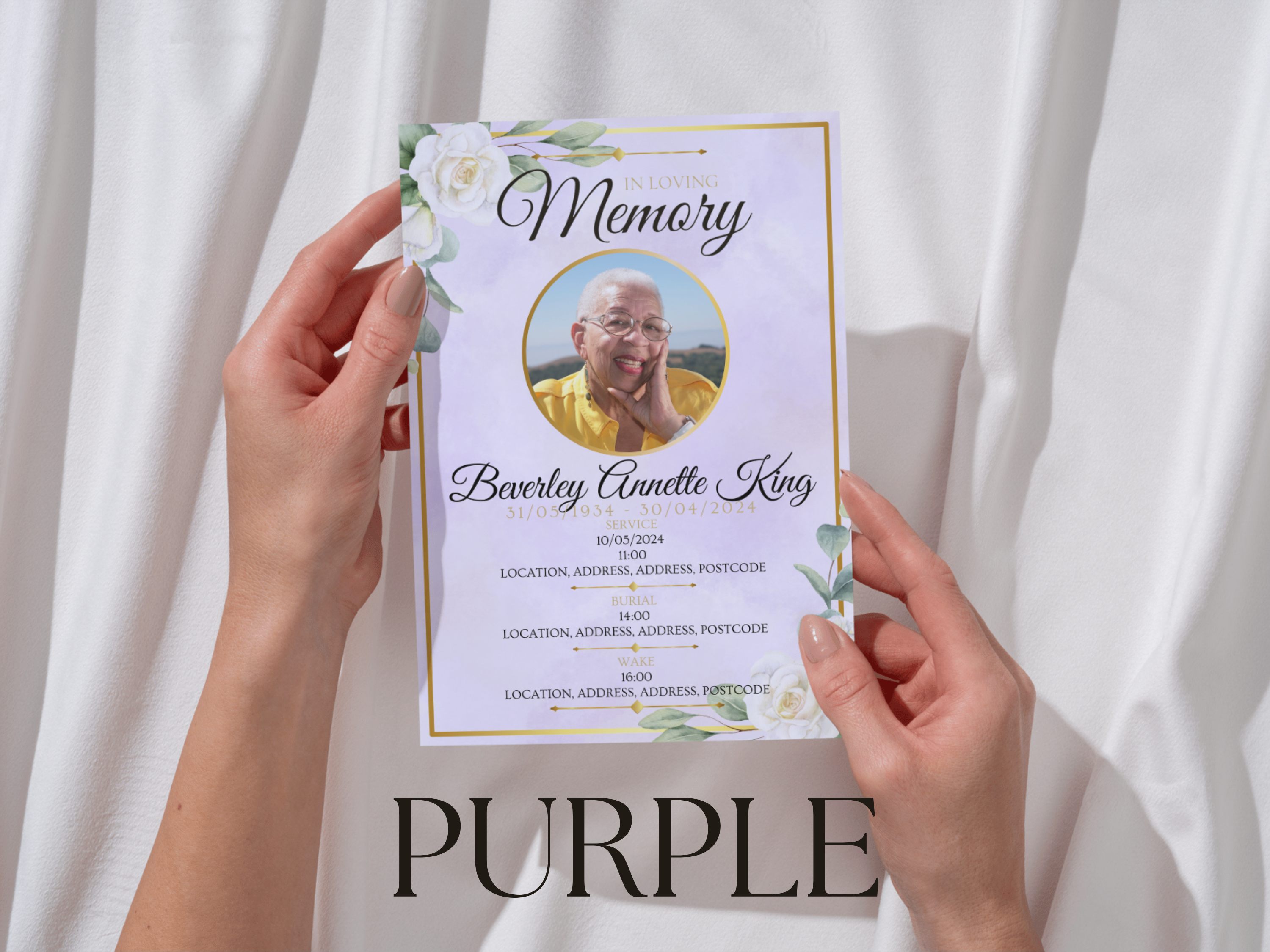 Purple 4 Page Funeral Order of Service Programme, Floral A5 Booklet Template