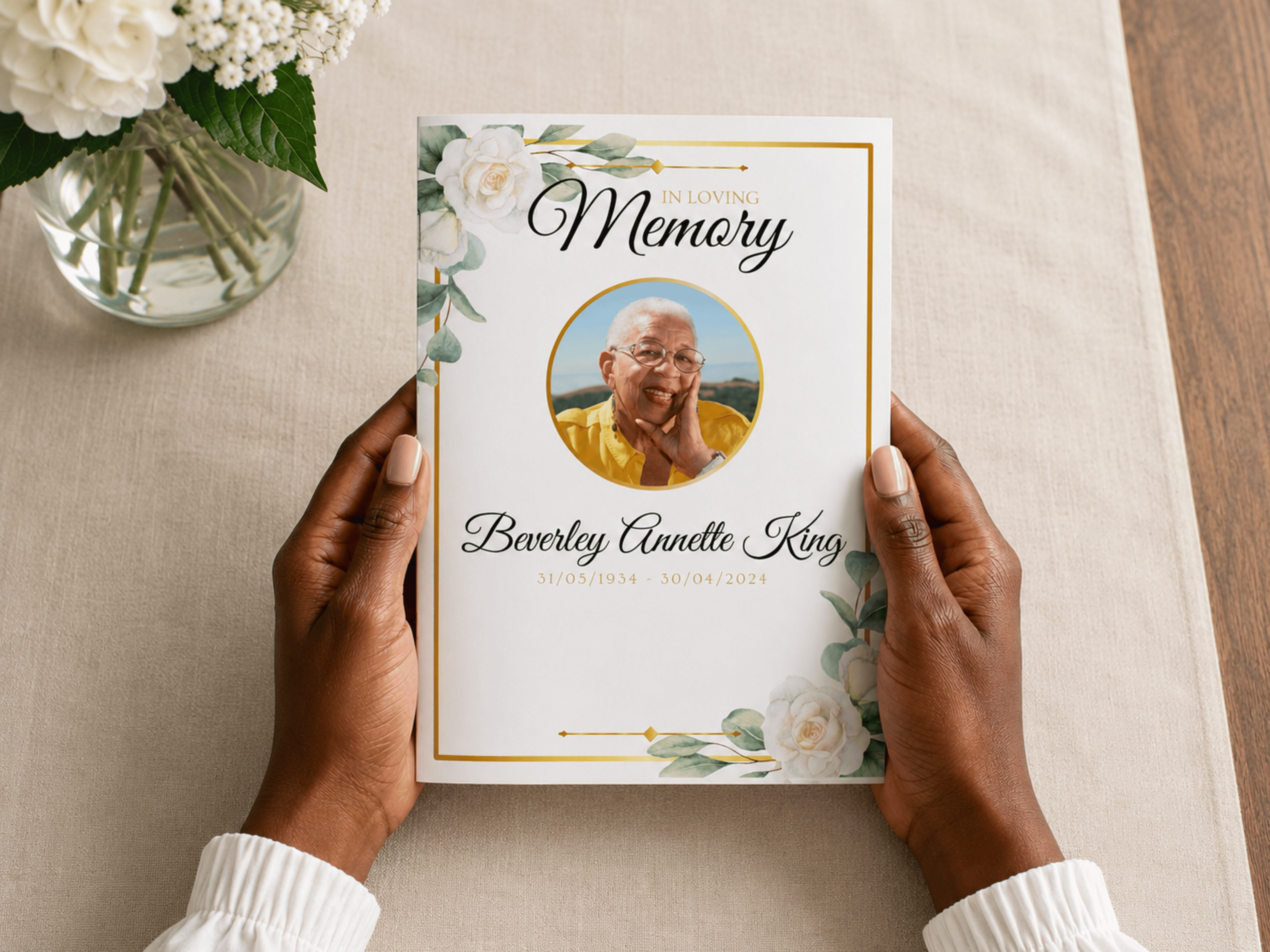 White 16 Page Funeral Order of Service Programme, Floral A5 Booklet Template
