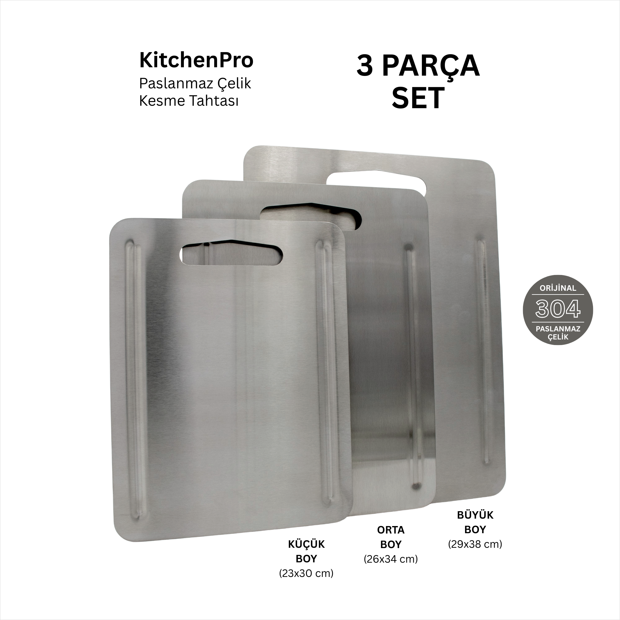 KitchenPro Paslanmaz Çelik Kesme Tahtası 3 Parça Set