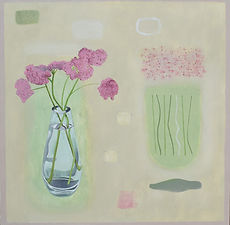 A realistic vase of flowers and its abstract counterpart in a liminal space.