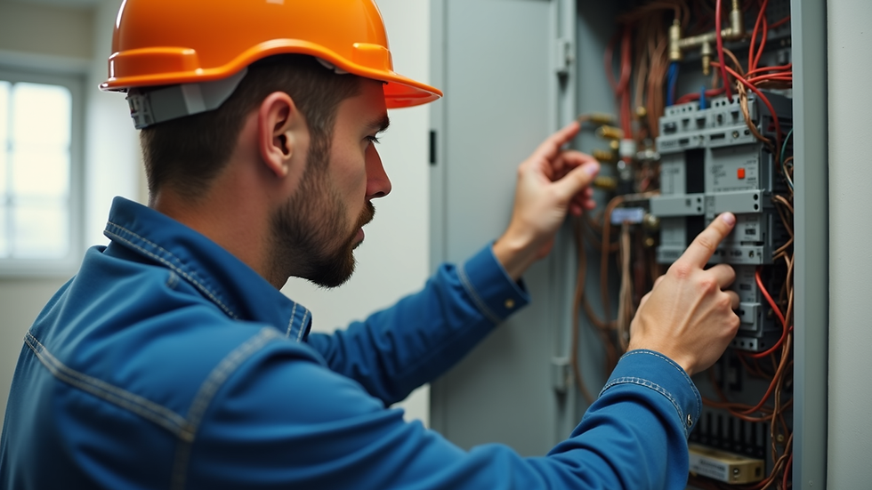 Eye-level view of a licensed electrician inspecting a residential electrical panel