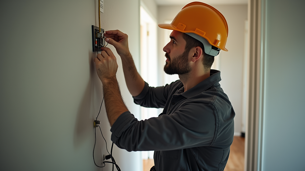 High angle view of electrician checking wiring in a residential home