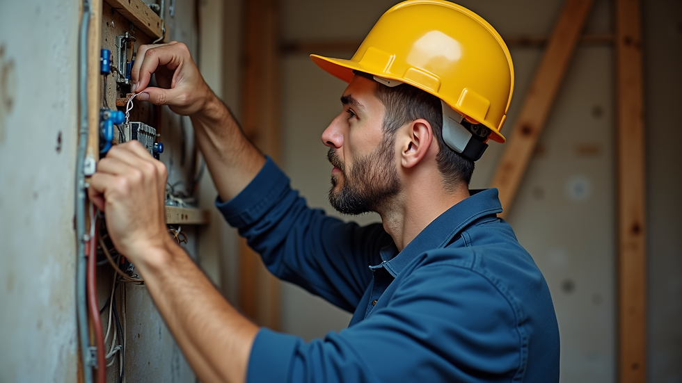 Eye-level view of electrician inspecting wiring inside a home