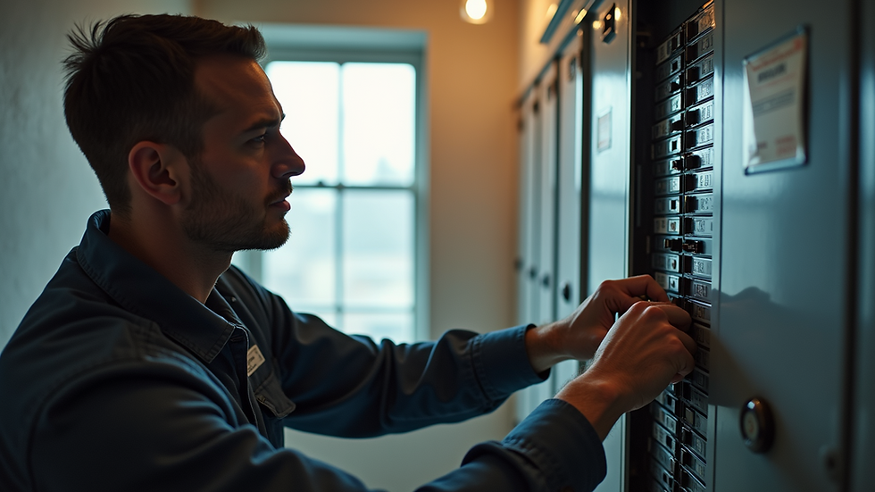 Eye-level view of electrician inspecting residential circuit breaker panel
