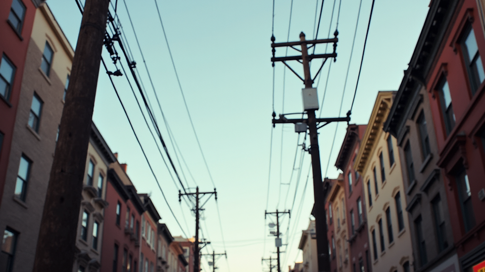 Eye-level view of a Brooklyn street with electrical poles and wires