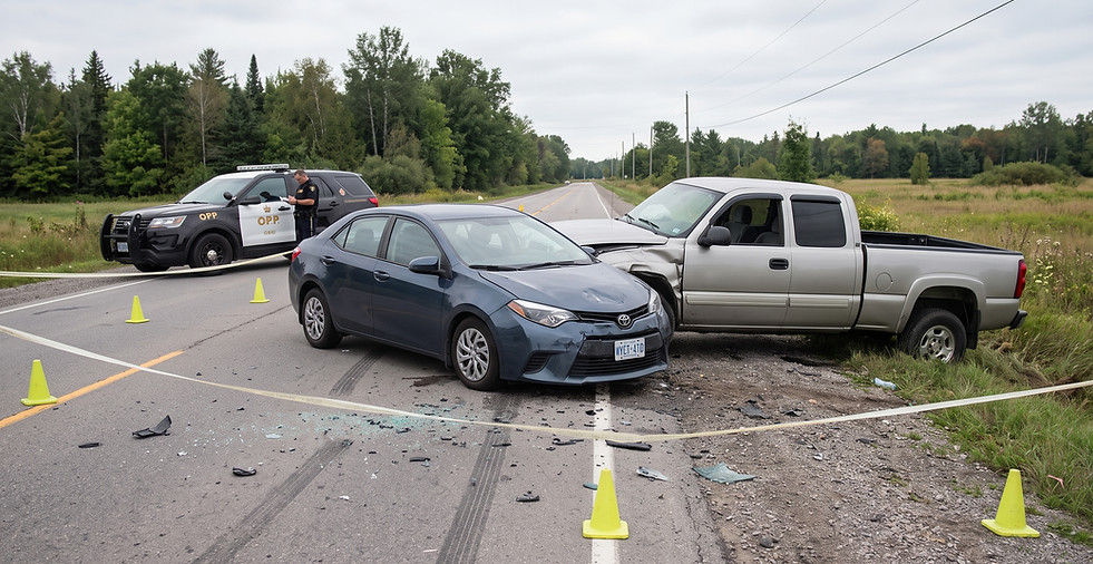 Motor vehicle accident scene with OPP emergency response officers assisting drivers following a truck and car collision.
