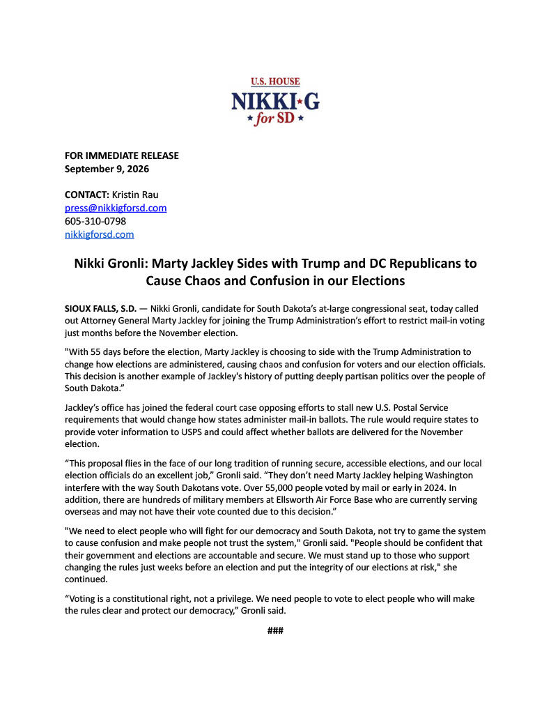 Nikki Gronli: Marty Jackley Sides with Trump and DC Republicans to Cause Chaos and Confusion in our Elections