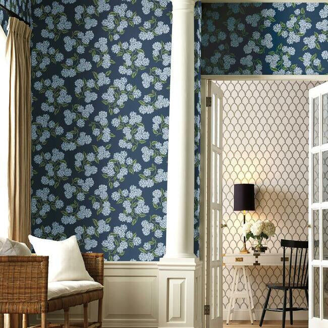 Thumbnail: navy and light blue hydrangea floral wallpaper pattern