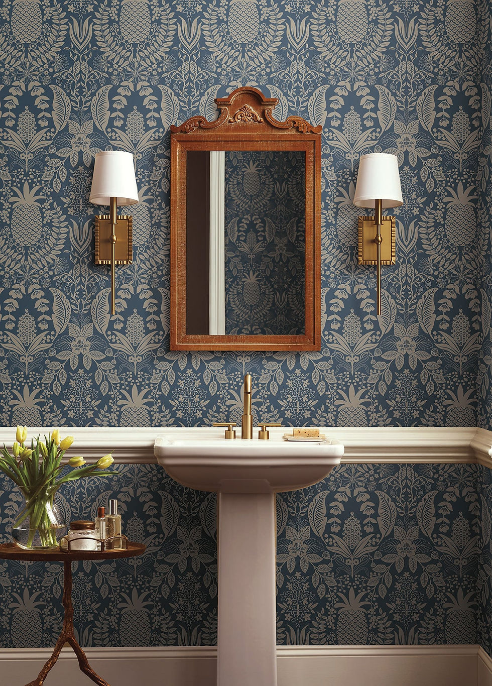 Thumbnail: TROPICAL PINEAPPLE DAMASK WALLPAPER IN NAVY & GOLD  INSTALLED