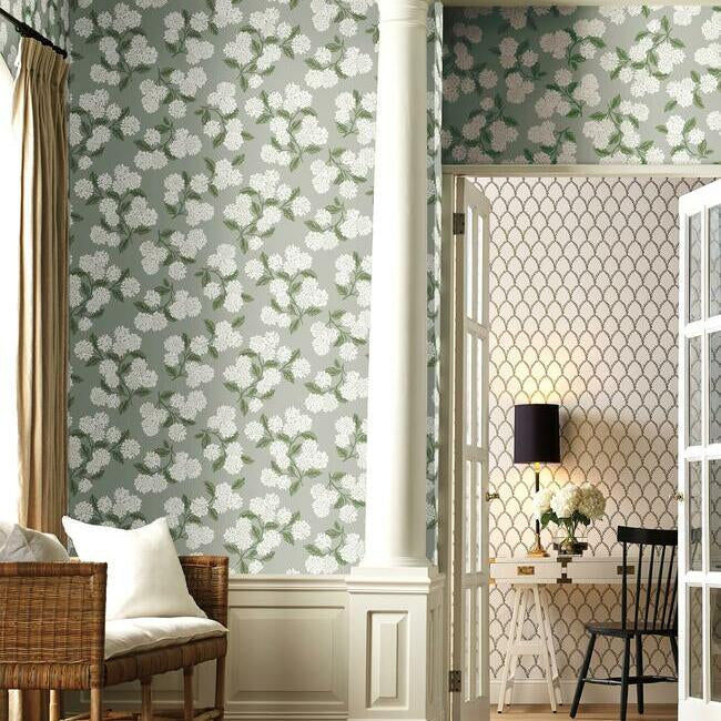 Thumbnail: green and white large hydrangea floral wallpaper pattern