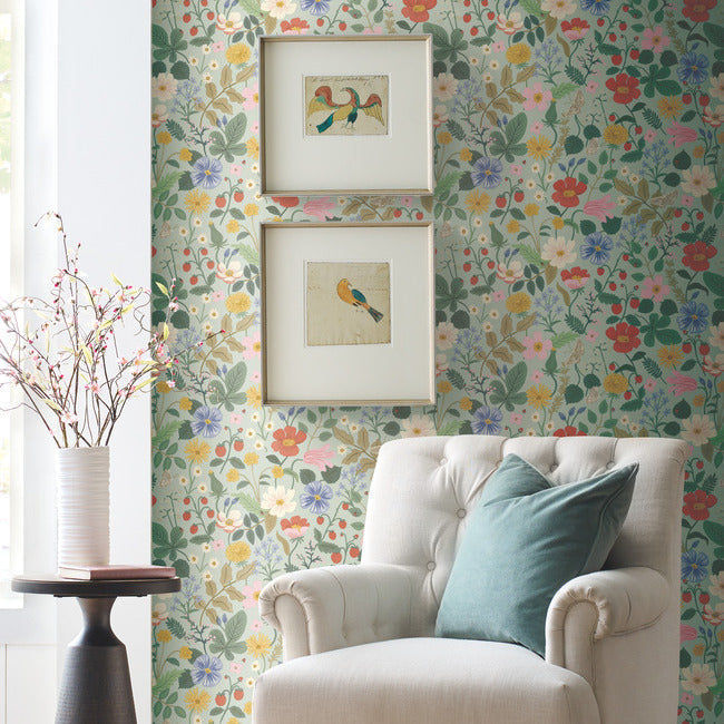 Thumbnail: whimsical floral strawberry fields wallpaper in mint green installed