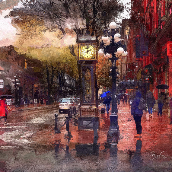 Gastown Steam Clock Rainy Day, PAINTED
