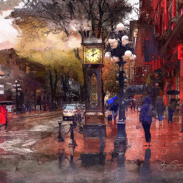 Gastown Steam Clock Rainy Day, PAINTED