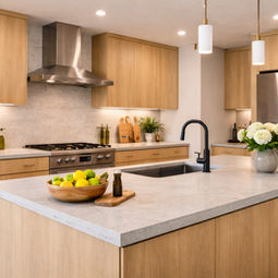 Cuisine moderne bois et quartz avec îlot central réalisée lors d’une rénovation intérieure à Nîmes