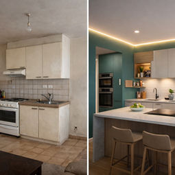 Avant après rénovation cuisine moderne avec îlot central réalisée par artisan à Nîmes