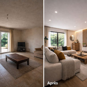 Rénovation grand salon avec peinture murs plafonds et aménagement moderne avant après