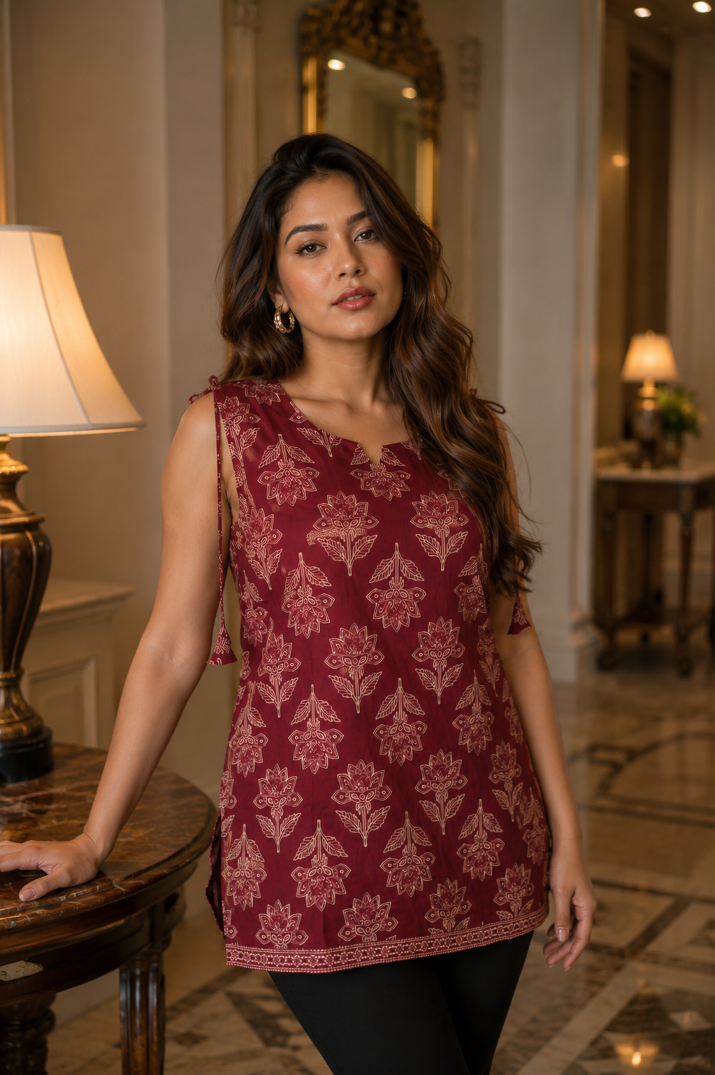 Maroon Floral Print Sleeveless Kurti for Women by REETVESHA