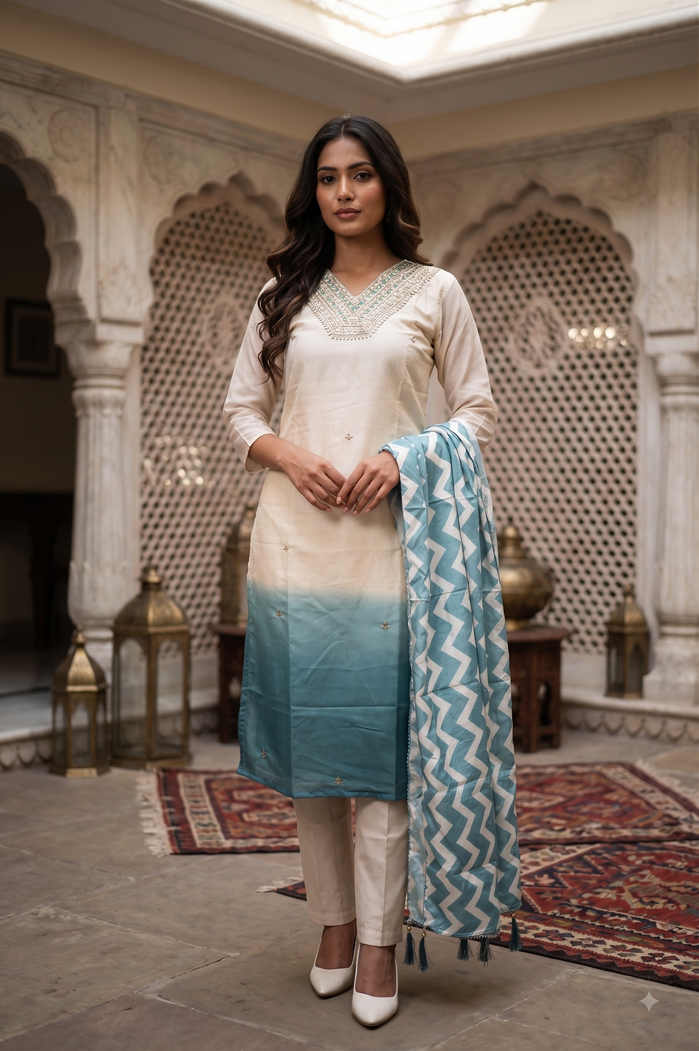 Ivory & Teal Ombre Chanderi Silk Kurta Set for Women by REETVESHA