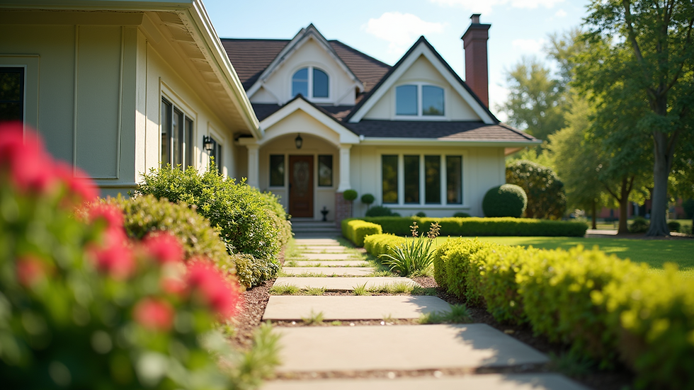 Eye-level view of a freshly cleaned home exterior with vibrant landscaping