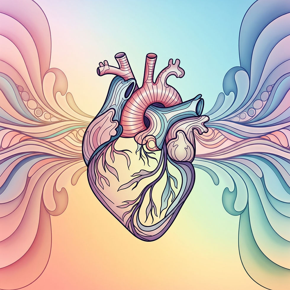 Ein abstraktes Kunstwerk, das ein Herz in perfekter Balance darstellt, ausgeführt in einer lebendigen Farbpalette, die nahtlos ineinander übergeht. Die Form des Herzens ist mit eleganten, organischen Linien und Formen gestaltet, die eine fließende, harmonische Energie andeuten. Das Design ist ausgewogen, mit dem Herzen in der Mitte, umgeben von komplexen Mustern und wirbelnden Linien, die nach außen strahlen und ein Gefühl von Ruhe und Balance erzeugen. Ein Farbverlauf aus weichen Tönen, der warme und kühle Farben miteinander verwebt, verleiht dem Bild Tiefe und Dimension. Der Gesamteindruck ist der von Stabilität, innerem Frieden und einer tiefen Verbindung zu den eigenen Emotionen. Die Komposition schafft eine visuelle Metapher für das feine Gleichgewicht des menschlichen Herzens und der Seele.