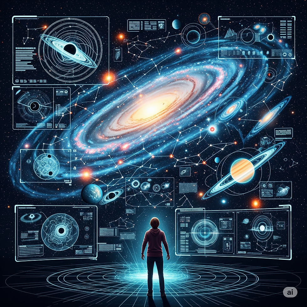 Ein lebendiges, farbenfrohes Bild zeigt eine menschliche Figur, möglicherweise einen Wissenschaftler oder Astronomen, der ehrfürchtig vor einer riesigen holografischen Projektion des Universums steht. Die Projektion wirbelt mit kosmischem Staub, Nebeln und Sternbildern in einem Spektrum leuchtender Farben, die Sterne, Galaxien und Planeten zeigen. Die menschliche Figur blickt staunend nach oben, umgeben von komplexen Diagrammen und Datenströmen, die astronomische Phänomene wie Schwarze Löcher, Dunkle Materie und ferne Galaxien darstellen. 