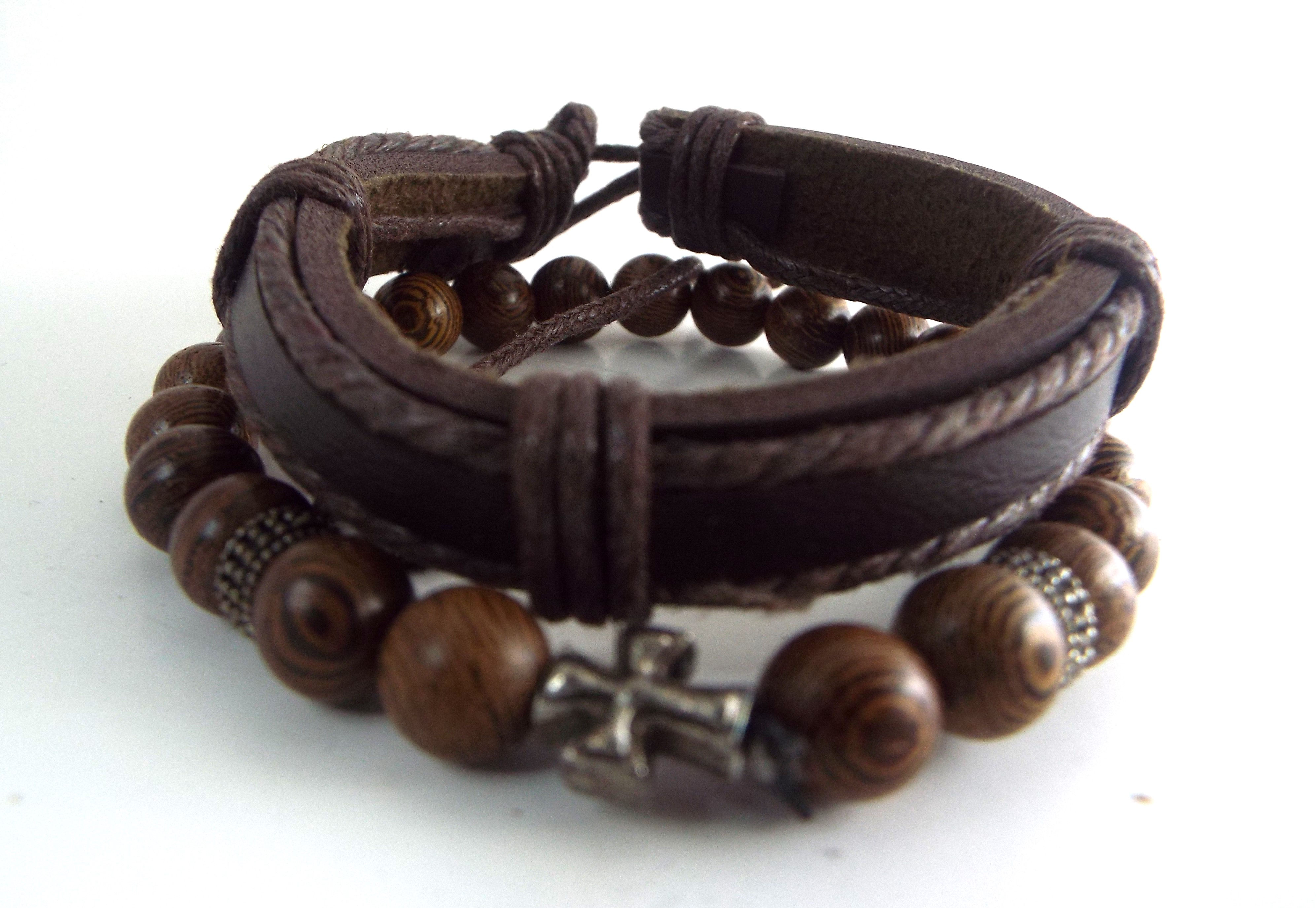 Leather and Wood Stacking Bracelet Set