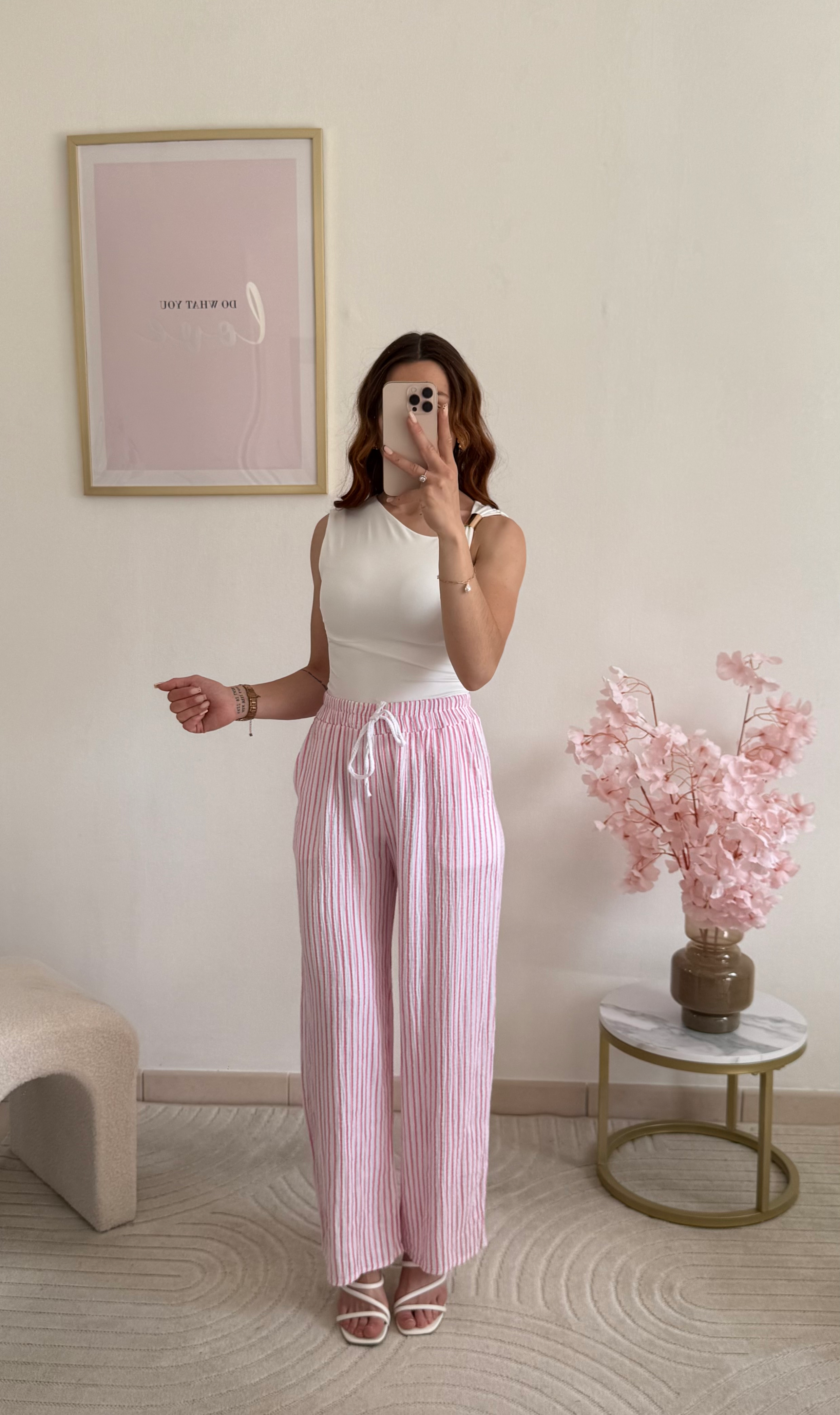 PANTALON GAZE DE COTON RAYURES ROSE