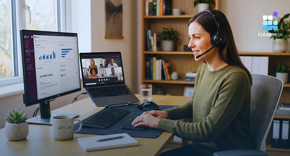 Woman in headset at desk in home office, smiling during a video call on laptop. Dual monitors display charts. Bookshelf in background.