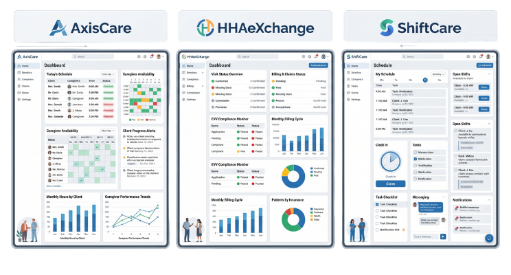 Three software dashboards labeled AxisCare, HHAeXchange, and ShiftCare showing graphs, charts, and schedules. Blue and white color scheme.