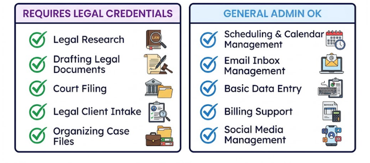 Infographic split into legal credentials required vs general admin OK, listing tasks like legal research, email, billing, social media.