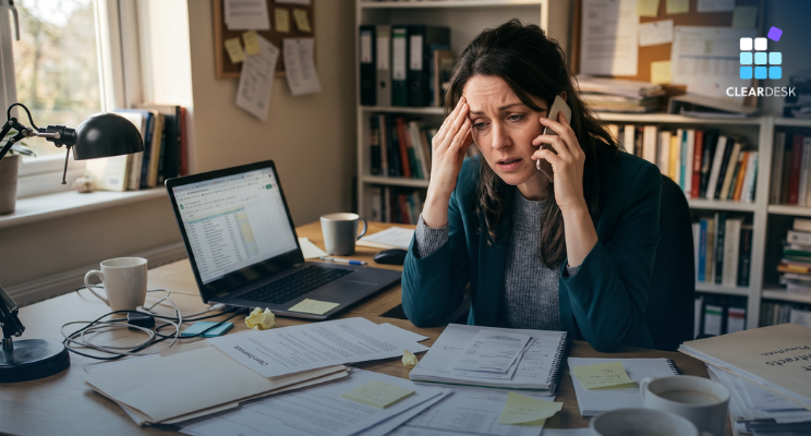 Woman on phone looks stressed at cluttered desk with papers, laptop, and coffee cups in an office. Bookshelves and notes in background.