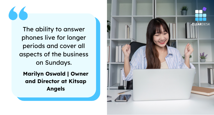 Smiling woman raises fists at laptop in office beside testimonial quote about Sunday phone coverage, with CLEARDESK logo.