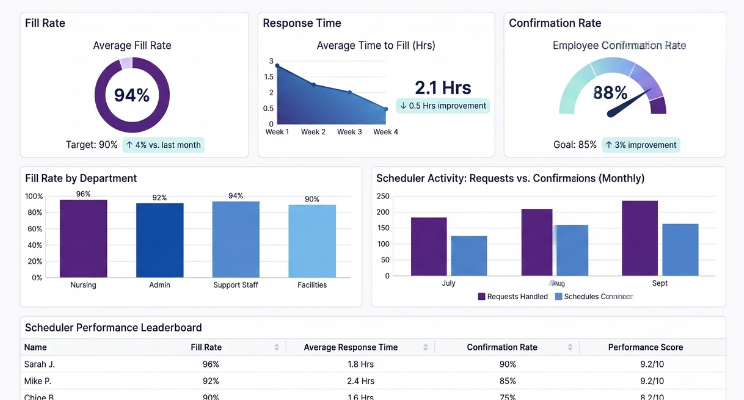 Dashboard displaying charts: fill rate (94%), response time (2.1 hrs), confirmation rate (88%), department rates, and performance leaderboard.