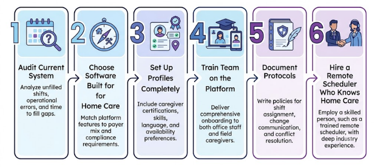 Infographic titled How to Get the Most from Your Scheduling Software, showing 6 steps with blue and purple icons on white background.
