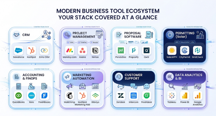 Infographic of modern business tools—CRM, project management, proposals, permitting, accounting, marketing, support and analytics.