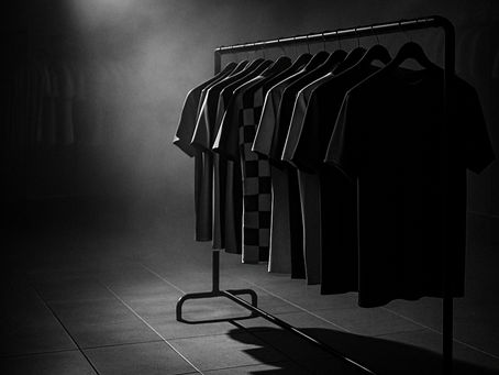 football shirts, hanging on a clothes rail