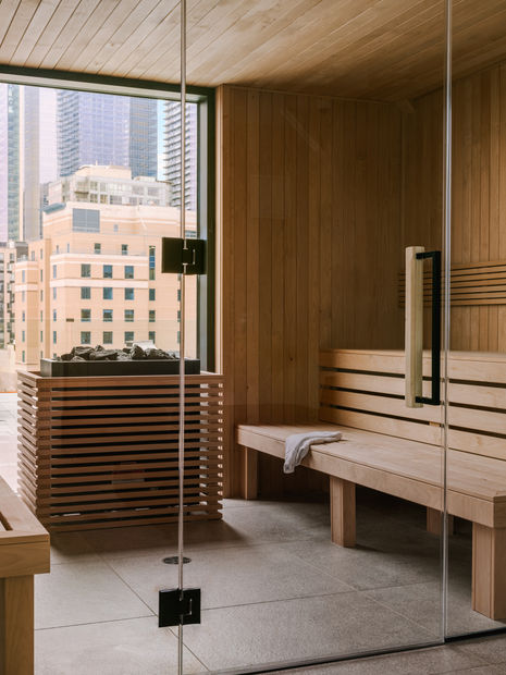 Sonder hotel sauna interior in Montreal – boutique hospitality photo by Toronto boutique hotel photographer