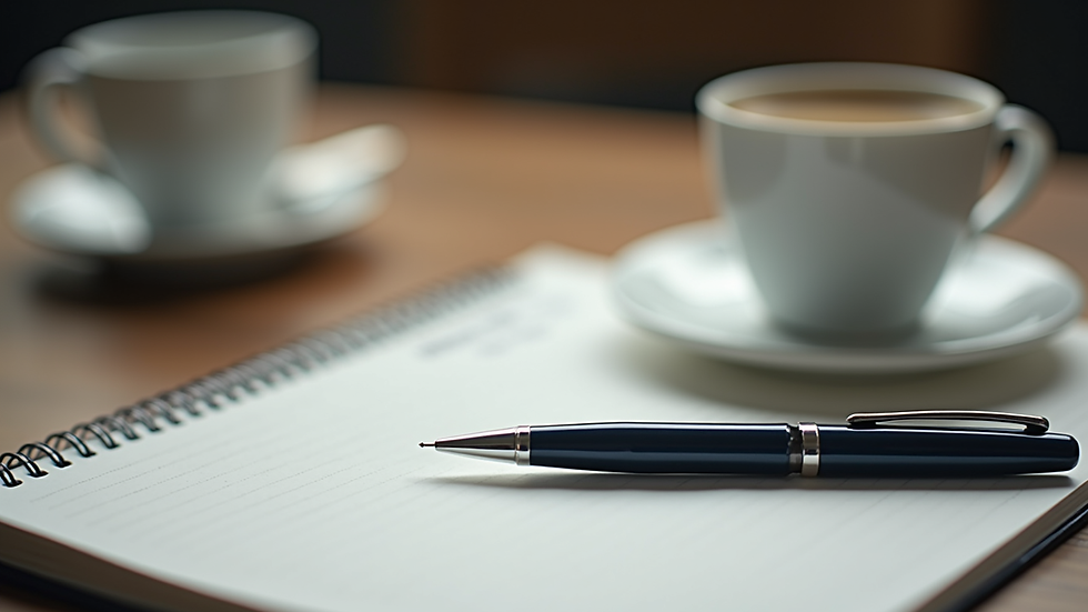 Close-up view of a notebook and pen on a desk with a cup of coffee
