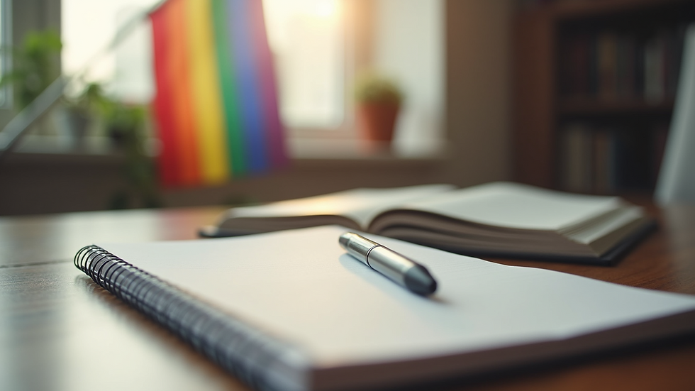 Close-up view of a notebook and pen on a desk with a pride flag in the background