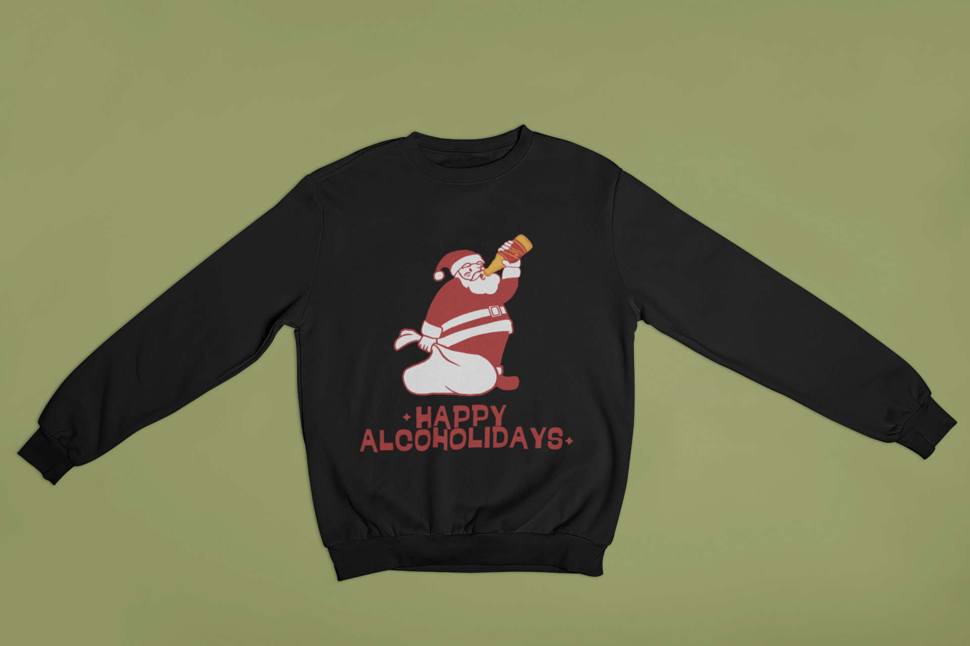 "Happy Alcoholidays" Santa Drinking Funny Christmas Crewneck