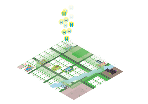 Abstract geometric map with colorful elements.