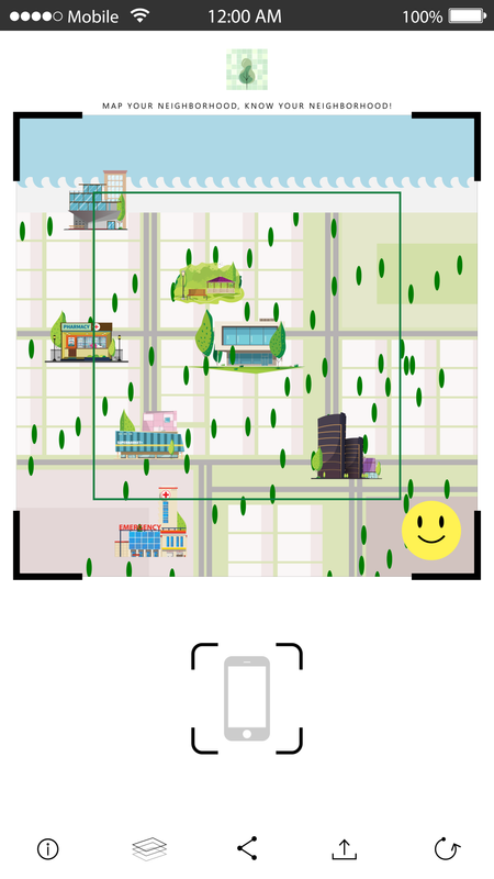 Map with buildings and a smiley face icon.