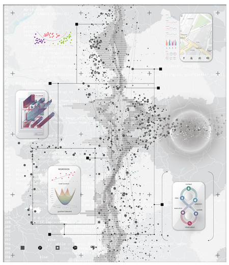Abstract design with interconnected elements and scattered particles.