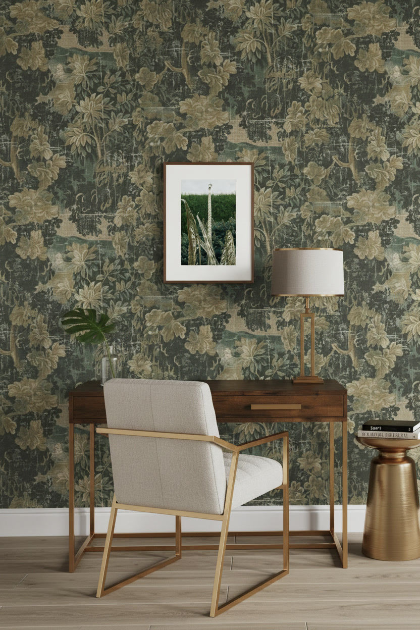 Thumbnail: Framed botanical glass sculpture photography by Jamaica Jones displayed above desk with patterned wallpaper and brass