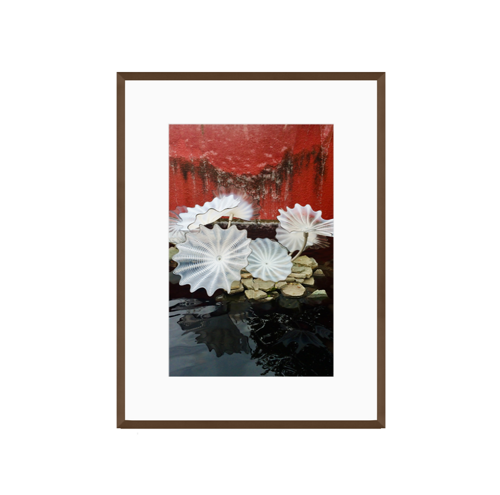 Framed photograph of white glass sculpture forms floating in water, contemporary installation art wall print