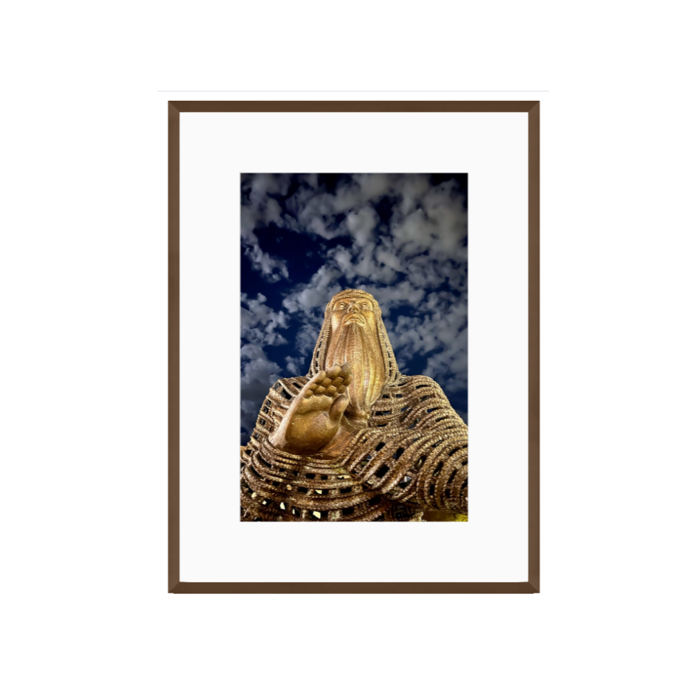 Framed fine art photograph of the Burning Bush statue of Moses against a night sky by Jamaica Jones.