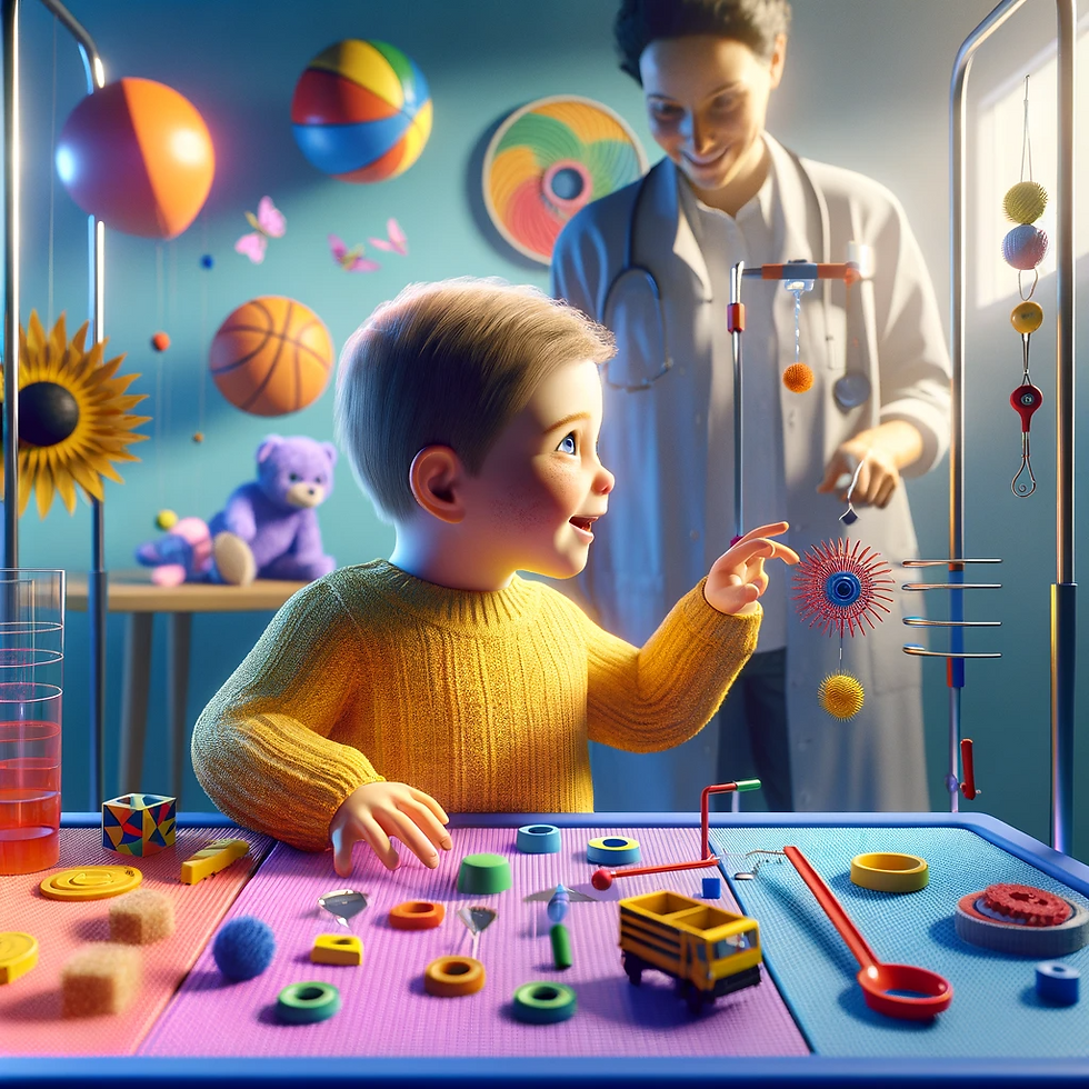 A photorealistic image portraying a child in an occupational therapy session for Sensory Processing Disorder, engaging with various sensory-friendly a