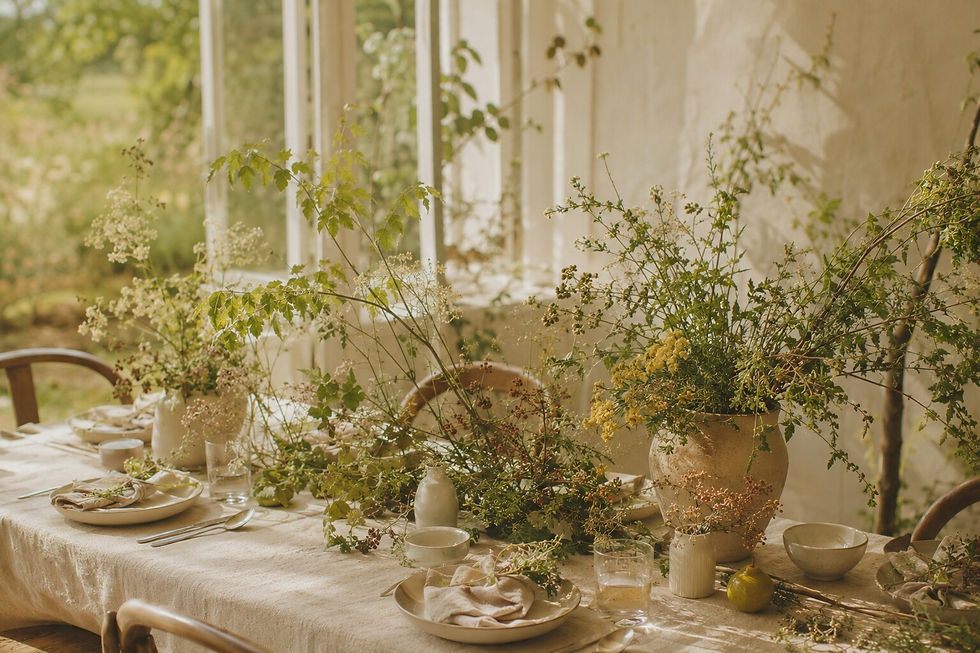 窓辺の長いテーブルに枝葉と小さなお花を低く配したウェディング装花